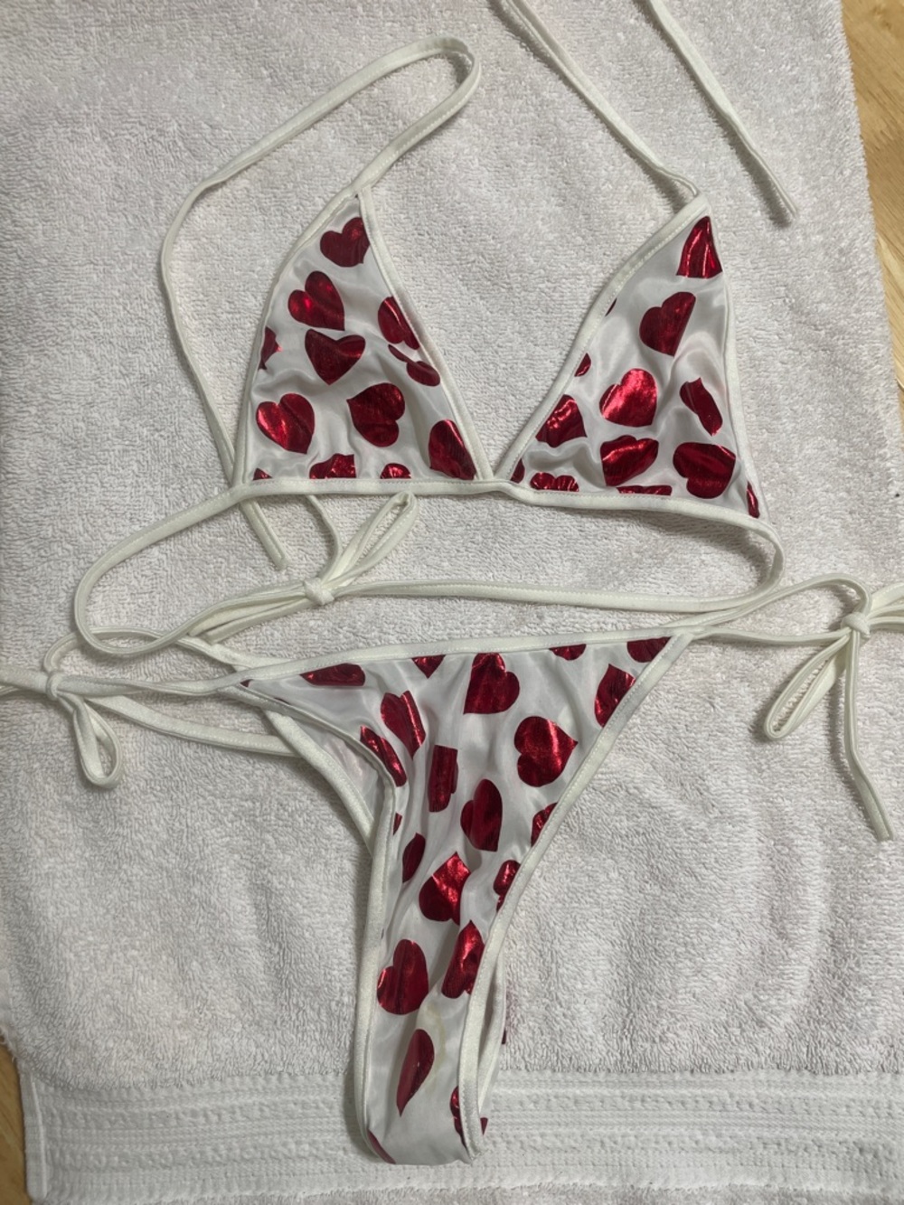 White & Red Heart Print Triangle Bikini Set